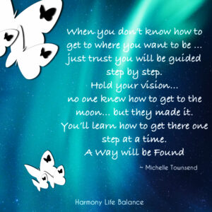 Butterfly with quote 'When you don't know how to get to where you want to be ... just trust you will be guided step by step. Hold your vision... no one knew how to get to the moon. but they made it. You'll learn how to get there one step at a time. A Way will be Found ~ Michelle