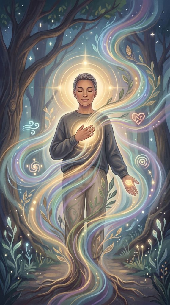 An illustration of a calm person wearing modern clothing, standing in a forest. Their hand rests on a glowing heart center as colourful energy flows around them. Their legs turn into tree roots planting deeply into the ground, symbolizing grounded, pressure-free personal growth.