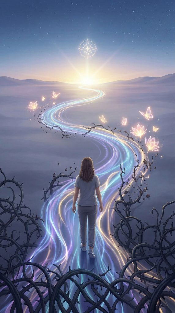 A full back view of a woman with her back to the viewer, walking forward on a winding path of flowing, iridescent light. The light path, a swirling blend of blue, purple, and gold, moves over and actively clears a dense tangle of dark, sharp, menacing thorny branches. Along the glowing path, the dark thorns are visibly breaking apart, transforming into beautiful, glowing butterflies and magical lotus flowers. In the distance, the path leads towards a bright distant sunrise, centered beneath a glowing, celestial star-compass icon, under a vast starry night sky, representing a journey of healing, personal growth, and transformation from darkness to light.