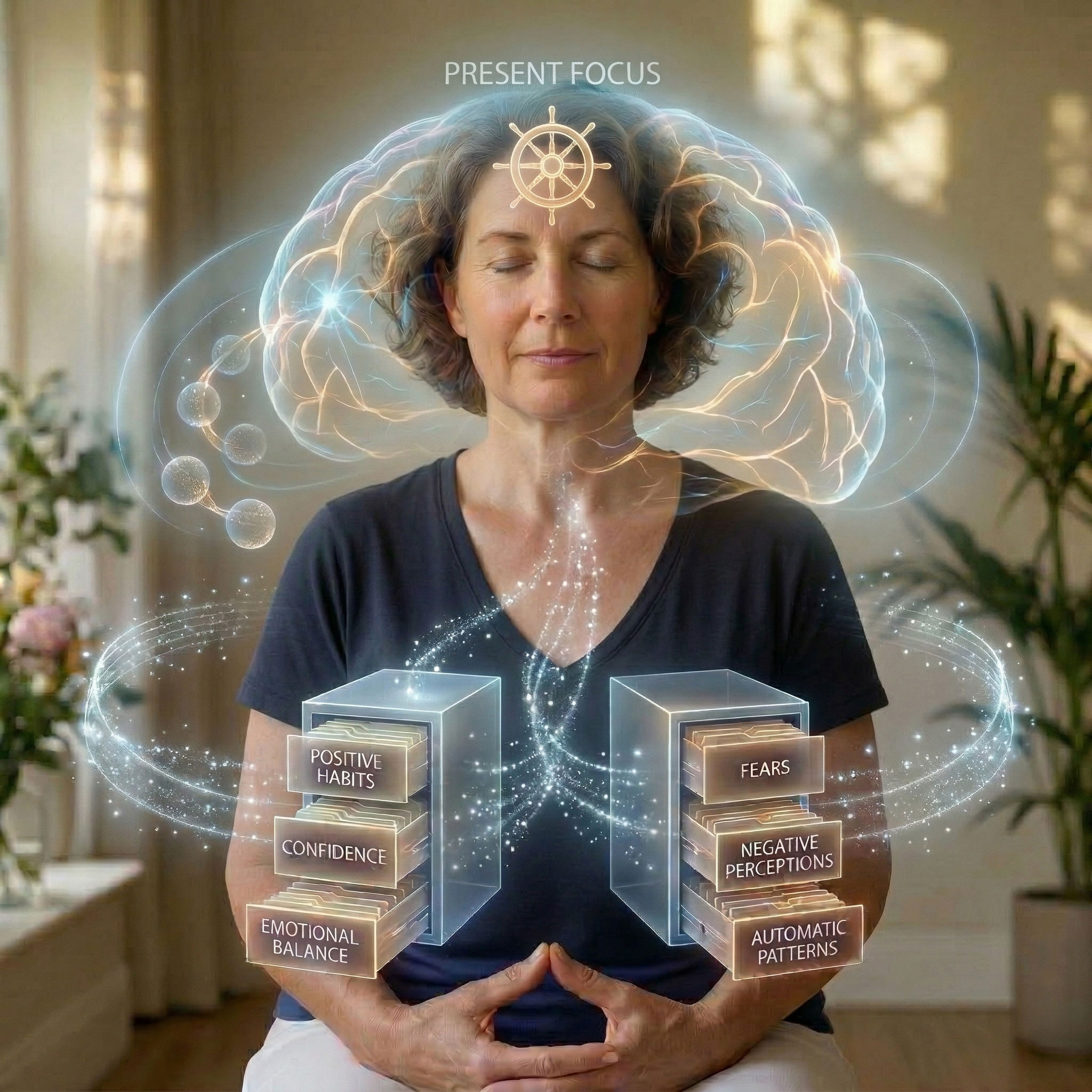 Conceptual illustration of a woman with a glowing brain overlay representing the conscious mind, showing analytical thinking, decision-making, and how repeated thoughts form beliefs, habits, emotions, and behaviours, including both positive and negative patterns.