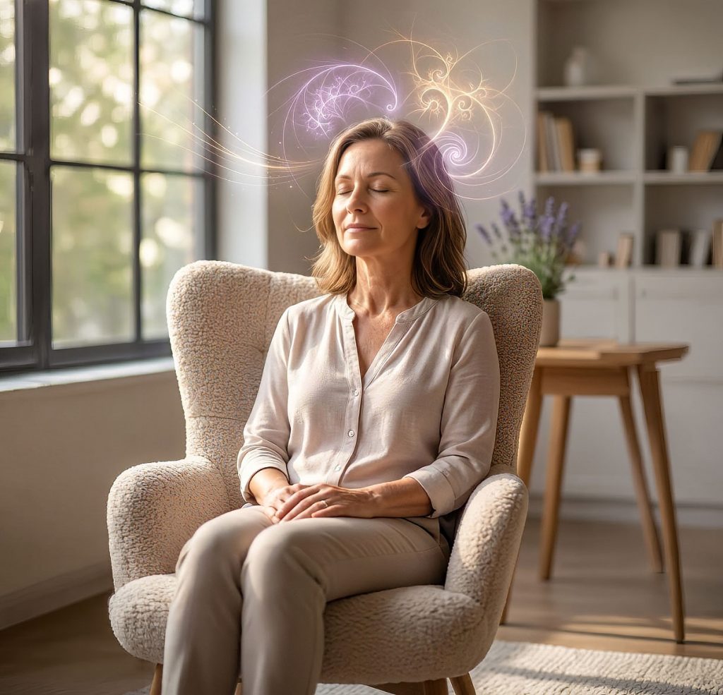 A woman sitting comfortably in a textured armchair with her eyes closed, looking deeply relaxed. Glowing purple and gold swirling light trails surround her head, illustrating the focused brain activity and heightened awareness experienced during a hypnotic state.