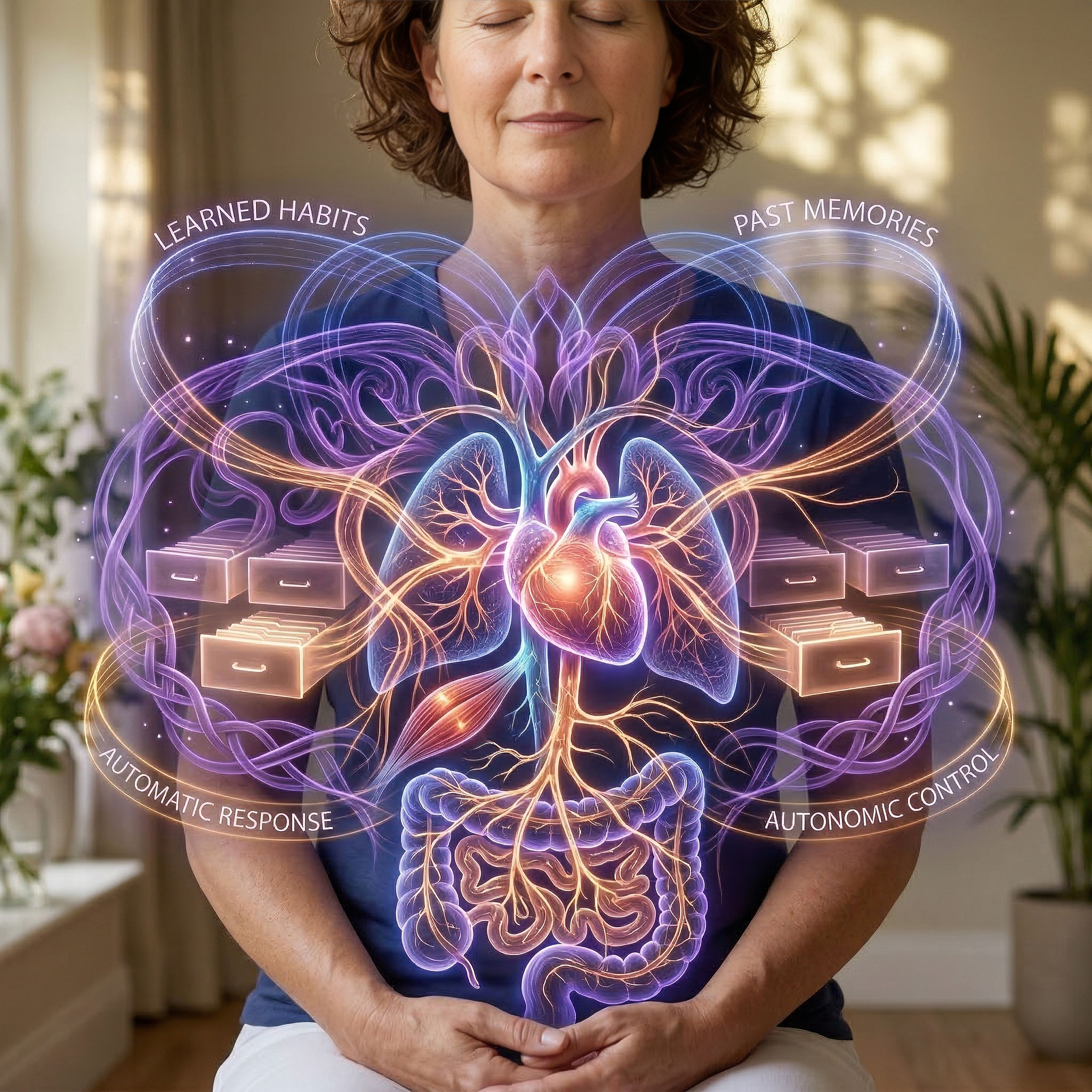 A highly detailed, conceptual photograph focusing on the upper body and chest of a peaceful woman in an armchair with eyes closed. Integrated within her form is a complex, glowing 'inner powerhouse' visualised with deep purple and copper-gold light trails. Interwoven filaments of light form intricate, repeating Celtic knot patterns and looping 'pattern keepers,' replacing traditional gears and machinery. Rows of small, glowing, integrated file drawers are embedded into these structures, with light trails flowing into them. A branching network of 'light nerves' extends from the central powerhouse, wrapping around an ethereal, pulsing heart and lungs to visually demonstrate the autonomic regulation of breathing and heart rate. The entire complex structure feels robust yet automatic and protective, harmonising with the botanical elements in the softly blurred background.