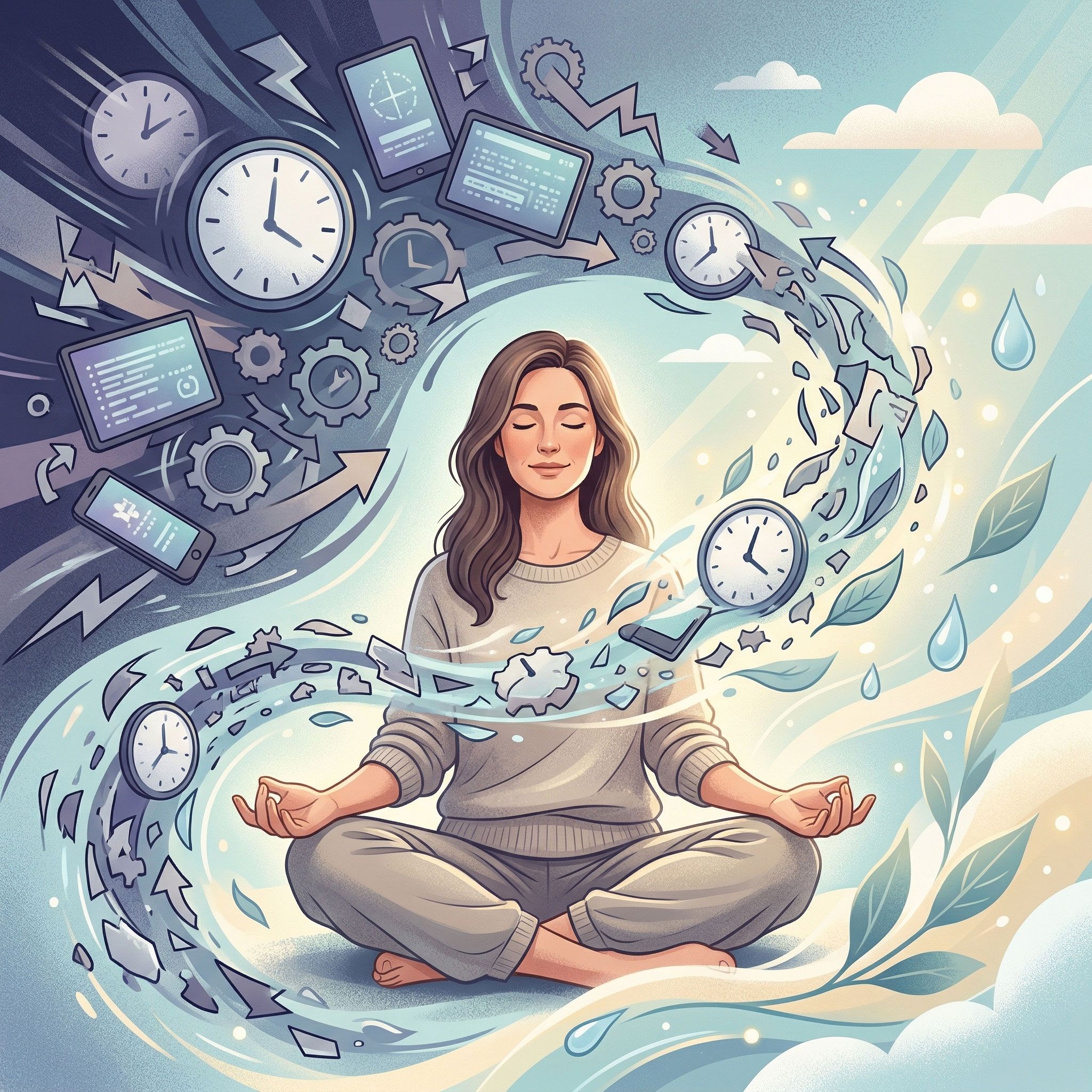 A conceptual illustration of a woman sitting cross-legged in peaceful meditation. A dynamic swirl surrounds her, showing chaotic, fast-paced elements like clocks, gears, and digital screens transforming into calming, natural elements like soft leaves, water droplets, and warm light, representing the shift from a stressful life to a state of relaxation.