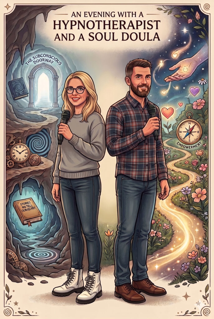 An illustrated event poster titled 'An Evening with a Hypnotherapist and a Soul Doula.' In the center, a woman and a man stand back-to-back holding microphones. The woman is on the left, set against a mystical cave background featuring clocks, a doorway labeled 'The Subconscious Doorway,' and a book titled 'Stories We Tell Ourselves.' The man is on the right, set against a bright, magical background featuring a winding path lined with flowers, glowing orbs, and a compass reading 'Empowerment.