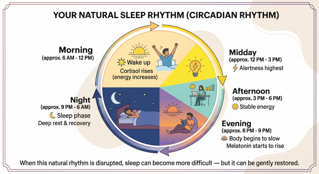 A circular 24-hour body clock diagram illustrating the natural sleep circadian rhythm, showing the daily cycle of energy and hormones from morning wakefulness to deep restorative sleep at night.