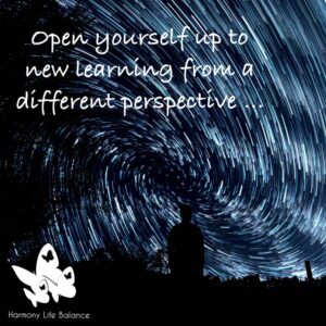 Person looking up to space with quote 'Open yourself up to new learning from different perspective'
